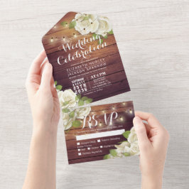 White Roses String Lights Rustic Wood Wedding RSVP All In One Uitnodiging