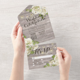 White Roses String Lights Rustic Wood Wedding RSVP All In One Uitnodiging