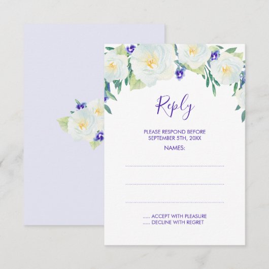 White Roses & Violets Trouwantwoord Kaarten RSVP Kaartje (Voorkant / Achterkant)
