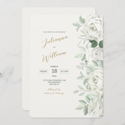 White Roses Wedding Invitation Kaart (Voorkant / Achterkant)