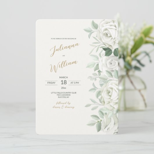 White Roses Wedding Invitation Kaart (Staand voorkant)