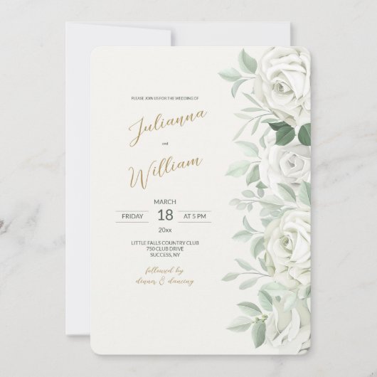 White Roses Wedding Invitation Kaart (Voorkant)