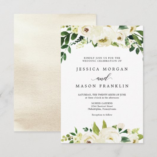 White Roses Wedding Invitation Kaart (Voorkant / Achterkant)