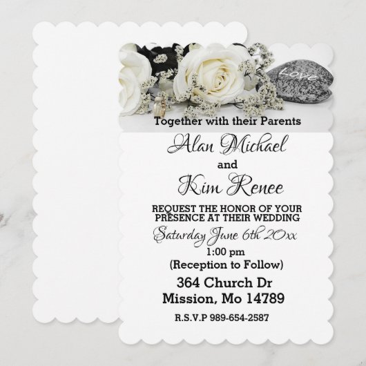 White Roses Wedding Invitation Kaart (Voorkant / Achterkant)