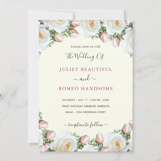 White Roses Wedding Invitation with QR Code (Voorkant)