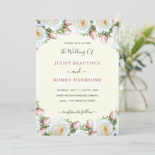White Roses Wedding Invitation with QR Code (Staand voorkant)