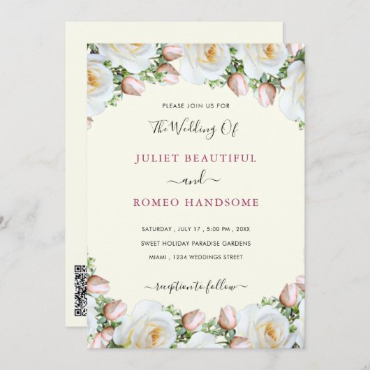 White Roses Wedding Invitation with QR Code (Voorkant / Achterkant)