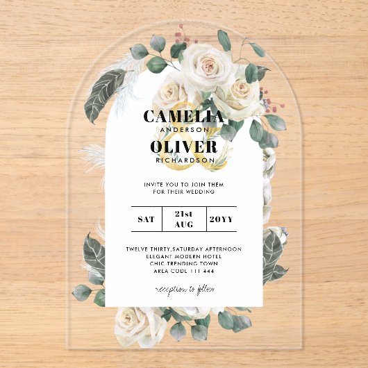 White Roses Wedding nodigt Boho uit tot rustiek mo Acryl Uitnodigingen (Voorkant)