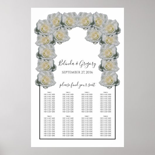 White Roses Wedding Seating Chart Poster (Voorkant)