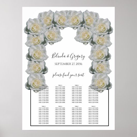 White Roses Wedding Seating Chart Poster (Voorkant)