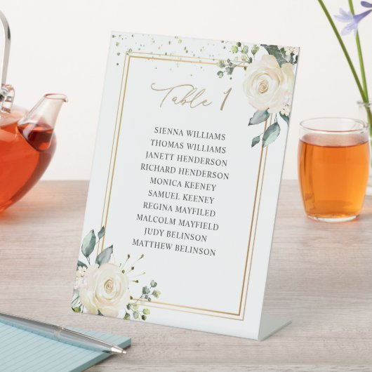 White Roses Wedding Table Number (Zitdiagram) Reclamebord Met Voetstuk (Insitu)