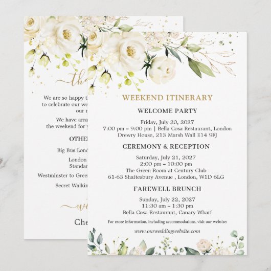 White Roses Wedding Weekend Itinerary Uitnodiging (Voorkant / Achterkant)
