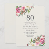 White Roses Womans 80th Birthday Party Invite Kaart (Voorkant / Achterkant)