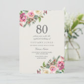 White Roses Womans 80th Birthday Party Invite Kaart (Staand voorkant)