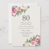 White Roses Womans 80th Birthday Party Invite Kaart (Voorkant)
