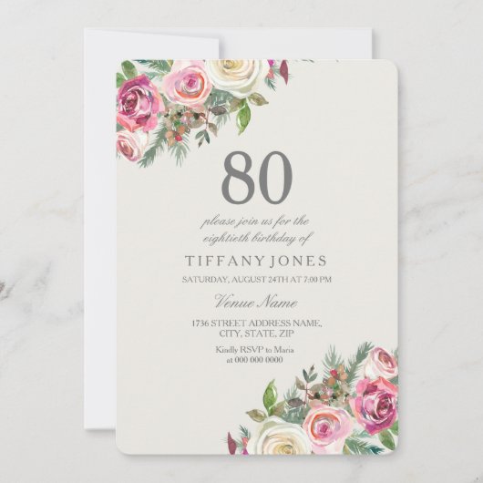 White Roses Womans 80th Birthday Party Invite Kaart (Voorkant)