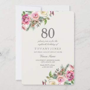 White Roses Womans 80th Birthday Party Invite Kaart
