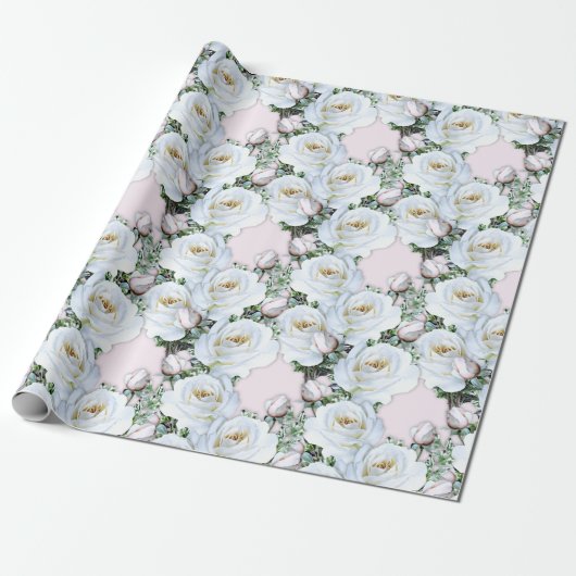 White Roses Wrapping Paper on a Roll Cadeaupapier (Uitgerold)