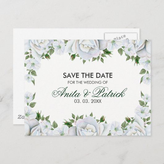 White Roses Wreath Aankondigingskaart (Voorkant / Achterkant)