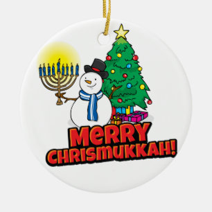 White Round Merry Chrismukkah met Snowman Keramisch Ornament