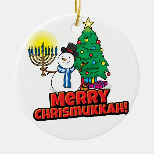 White Round Merry Chrismukkah met Snowman Keramisch Ornament (Voorkant)
