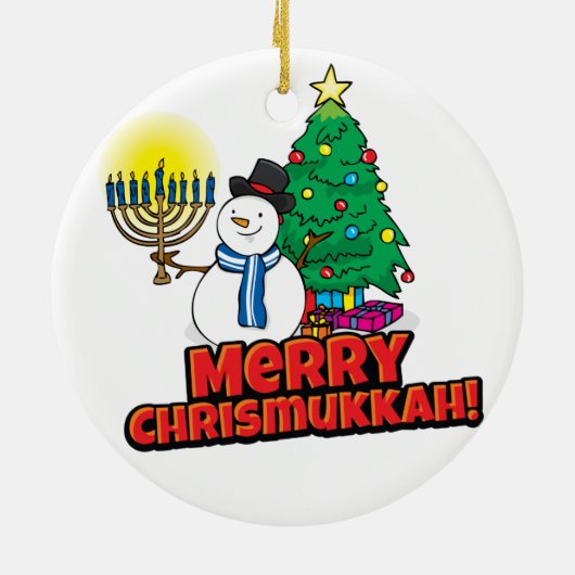 White Round Merry Chrismukkah met Snowman Keramisch Ornament (Achterkant)