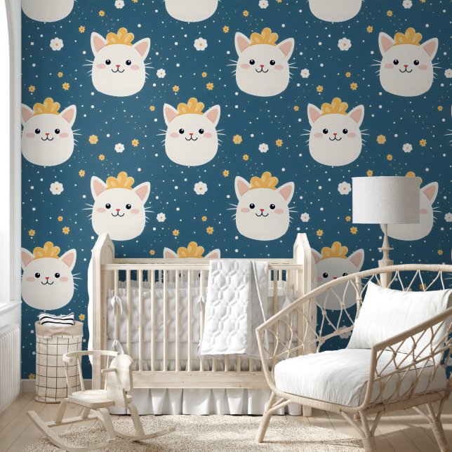 White Royal Cat Pattern Behang (Kinderen)