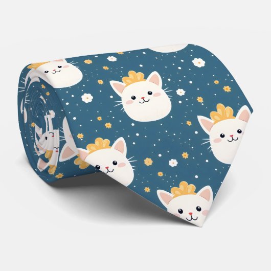 White Royal Cat Pattern Stropdas (Opgerold)
