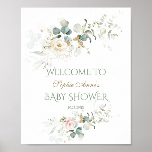 White roze bloemen Baby shower Welkomstteken Poster (Voorkant)