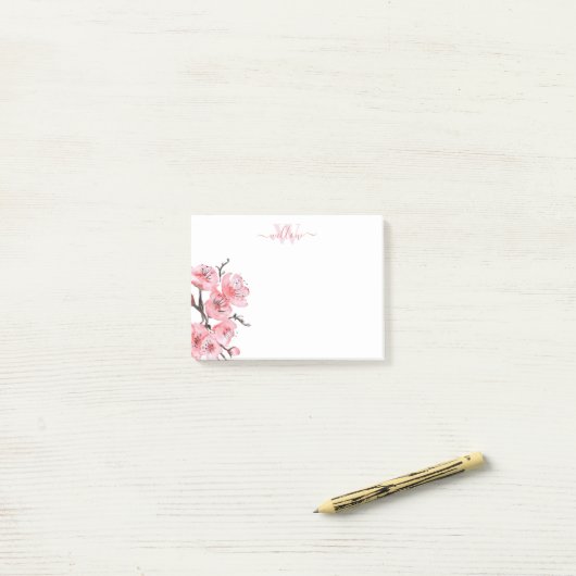 White roze Cherry Blossom Monogram Post-it® Notes (Op bureau)
