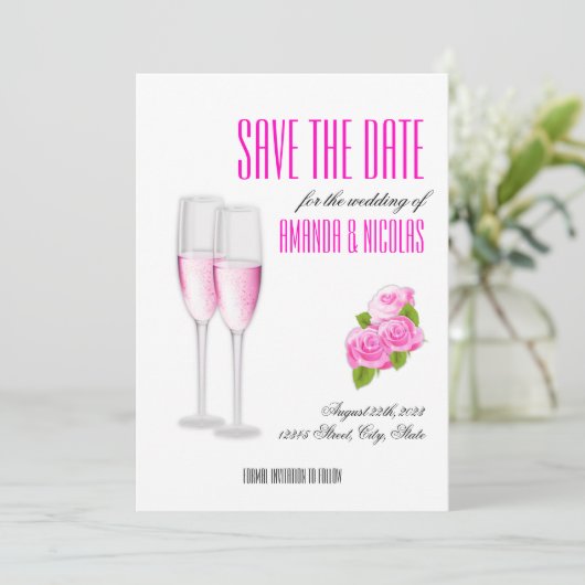 White roze elegant modern Save the Date Wedding Kaart (Staand voorkant)