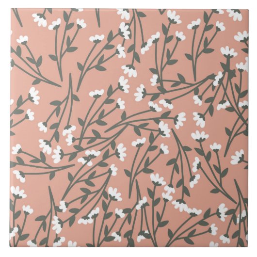 White roze en Green Floral Pattern Tegeltje (Voorkant)