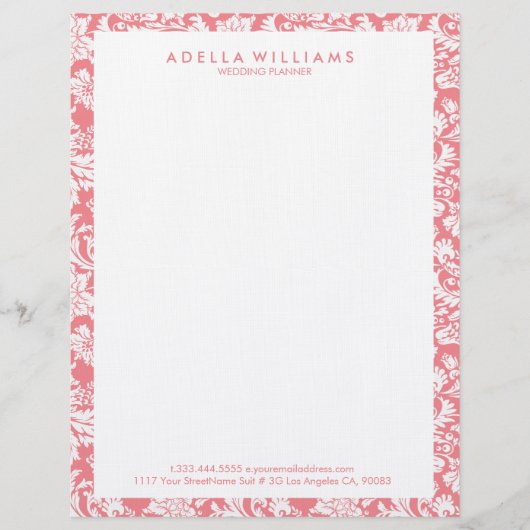 White & Roze Floral Damascus Patroon Custom Briefhoofd (Voorkant)