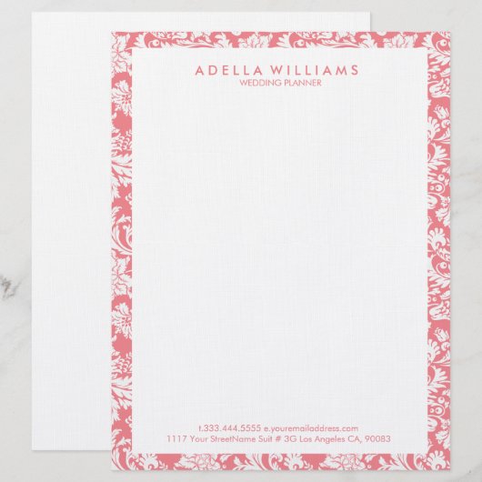 White & Roze Floral Damascus Patroon Custom Briefhoofd (Voorkant / Achterkant)