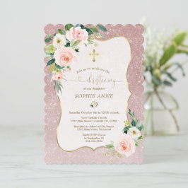 White roze Floral Gold Girl Christening Kaart