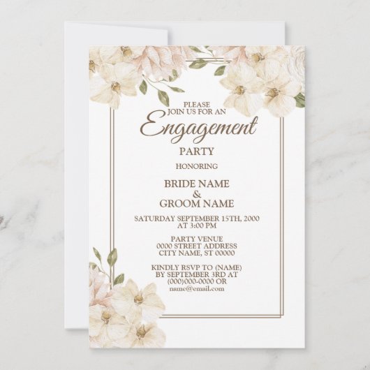 White roze Floral Greenery Modern Engagement Party Kaart (Voorkant)