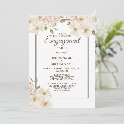 White roze Floral Greenery Modern Engagement Party Kaart (Staand voorkant)