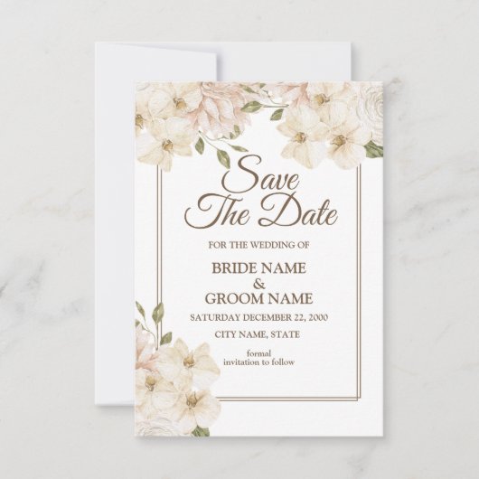 White roze Floral Lijst Moderne bruiloft Save The Date (Voorkant)