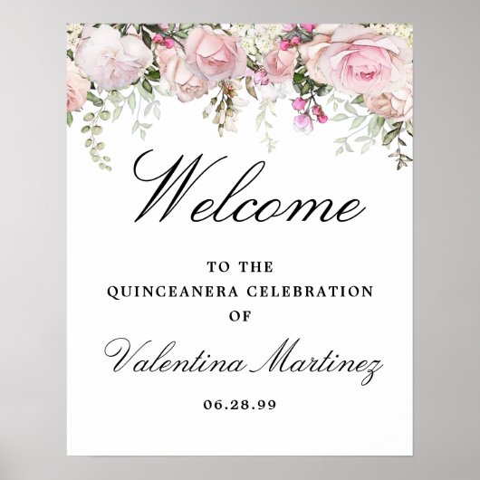 White roze Floral Quinceanera Welcome Sign. Poster (Voorkant)