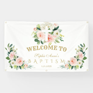 White roze Flowers Girl Baptism Cross Welcome Sign Spandoek