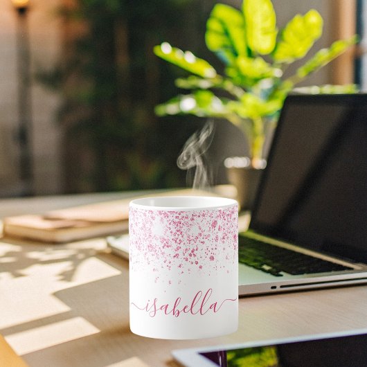 White roze glitter metal name script koffiemok