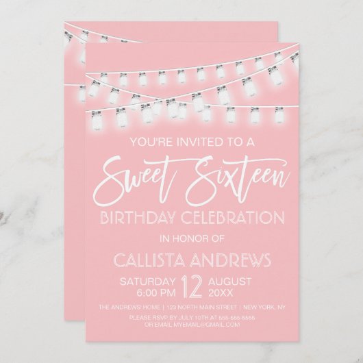 White roze Mason Jar String Lights Sweet 16 Kaart (Voorkant / Achterkant)