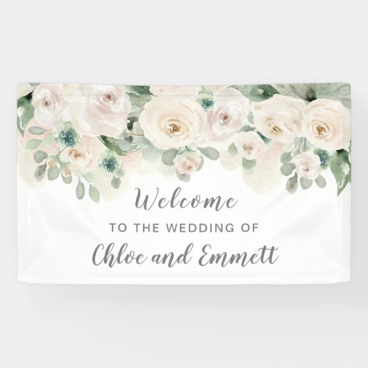 White roze Rose Floral Wedal Welcome Spandoek (Horizontaal)