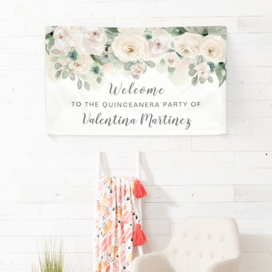 White roze Rose Quinceanera Party Welkom Spandoek (Insitu)