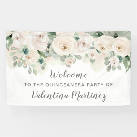 White roze Rose Quinceanera Party Welkom Spandoek (Horizontaal)