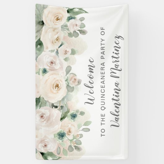 White roze Rose Quinceanera Party Welkom Spandoek (Verticaal)