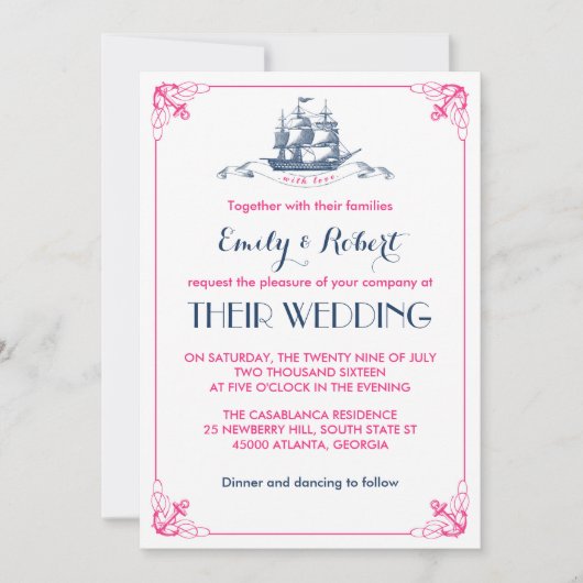 White roze  Ship Anchor Wedding Uitnodiging (Voorkant)