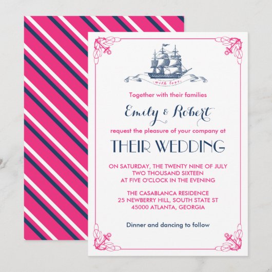 White roze  Ship Anchor Wedding Uitnodiging (Voorkant / Achterkant)