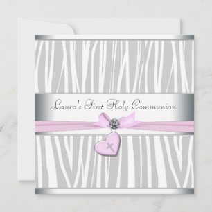 White roze Zebra Heart roze Cross First Communie Kaart