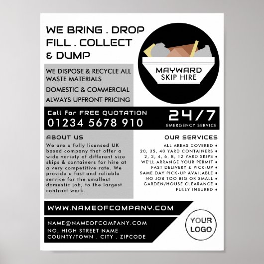 White Rubbish Skip, Skip/Dumpster Company Poster (Voorkant)